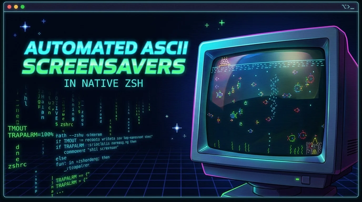 A retro CRT monitor displaying an animated ASCII terminal screensaver with glowing text reading Automated ASCII Screensavers in Native Zsh
